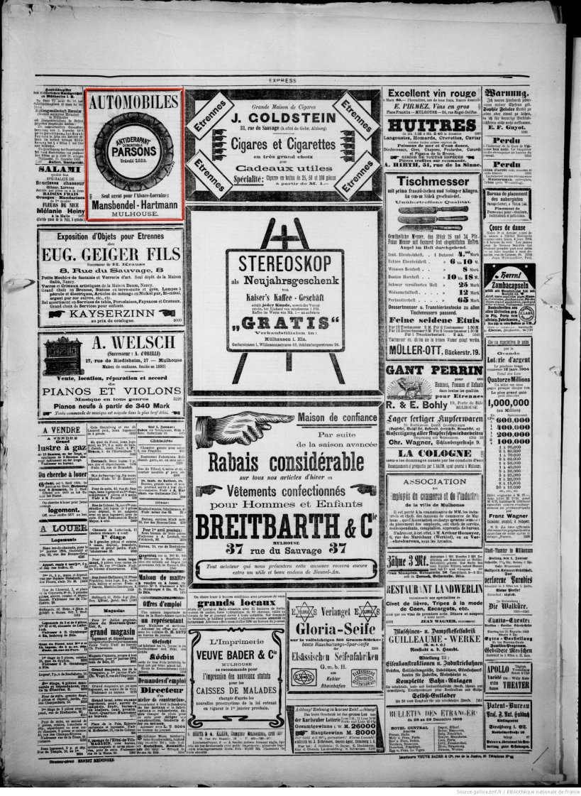 Journal L'Express de Mulhouse du 29 décembre 1903 (p.4) : pneu Parsons antidérapant, démontable.